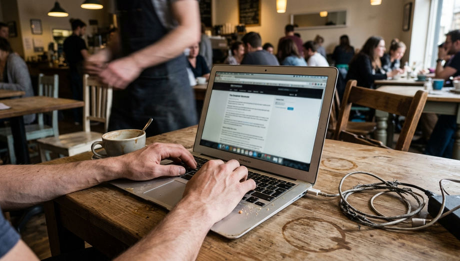 Coffee shop working environment: uneven overhead lighting, slight motion blur on a passing barista's arm