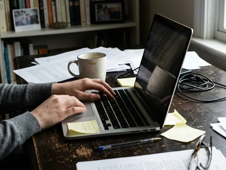 Home office writing setup with laptop angled slightly off-centre on a scuffed desk
