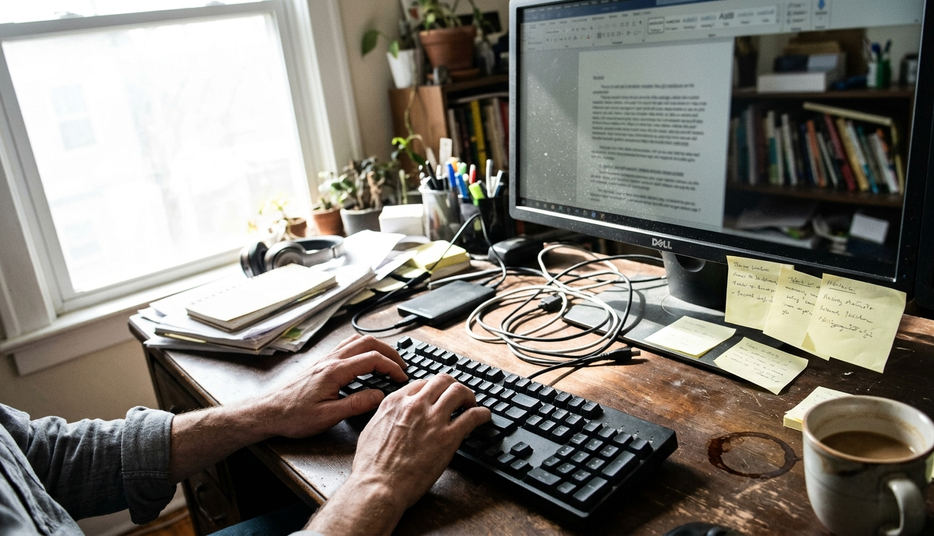 Content creation workspace, clean aesthetic undercut by unevenness from a side window—left margin overexposed, keyboard