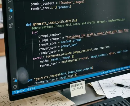 Code editor on screen showing observational image editorial desk notes and drafts spread u implementation